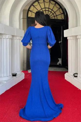 Glitter Fabric Fish Model Flounce Detailed Evening Dress - SAXE BLUE - 5