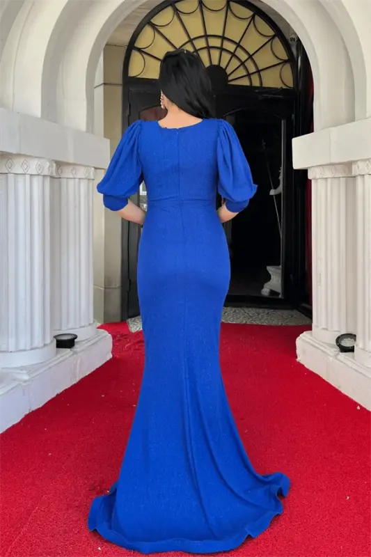 Glitter Fabric Fish Model Flounce Detailed Evening Dress - SAXE BLUE - 5