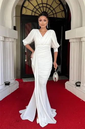 Glitter Fabric Fish Model Flounce Detailed Evening Dress - WHITE - 1