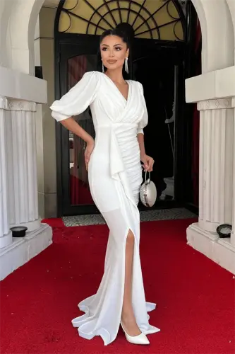 Glitter Fabric Fish Model Flounce Detailed Evening Dress - WHITE - 2