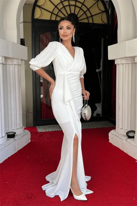 Glitter Fabric Fish Model Flounce Detailed Evening Dress - WHITE - 2