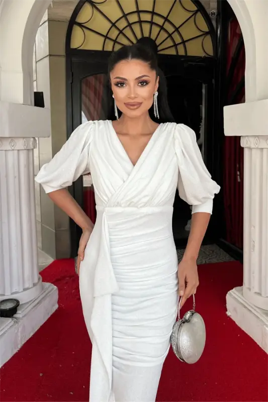 Glitter Fabric Fish Model Flounce Detailed Evening Dress - WHITE - 3