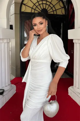 Glitter Fabric Fish Model Flounce Detailed Evening Dress - WHITE - 4