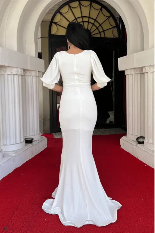 Glitter Fabric Fish Model Flounce Detailed Evening Dress - WHITE - 5