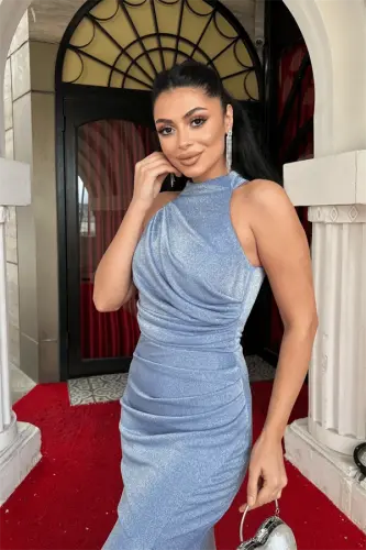 Glitter Fabric Halter Neck Evening Dress - INDIGO BLUE - 3