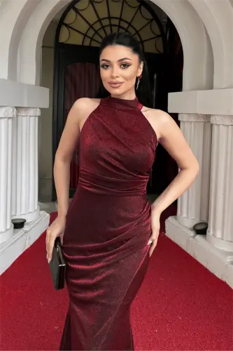 Glitter Fabric Halter Neck Fishtail Dress - BURGUNDY - 3