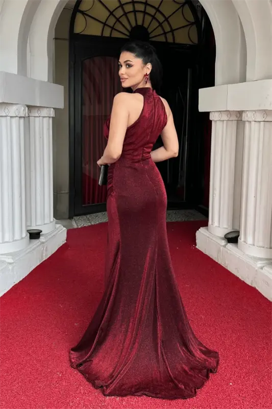 Glitter Fabric Halter Neck Fishtail Dress - BURGUNDY - 5