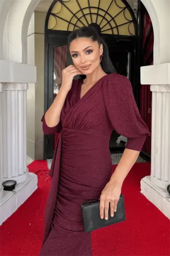 Simli Kumaş Balık Model Volan Detaylı Abiye Elbise - BORDO - 4