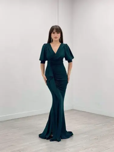 Simli Kumaş Balık Model Volan Detaylı Abiye Elbise - ZÜMRÜT YEŞİL - 2