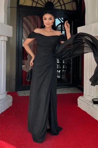 Glitter Fabric Ruched Detail Fishtail Evening Dress - BLACK - 2