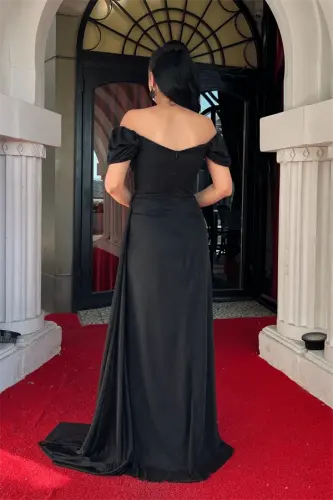 Glitter Fabric Ruched Detail Fishtail Evening Dress - BLACK - 5