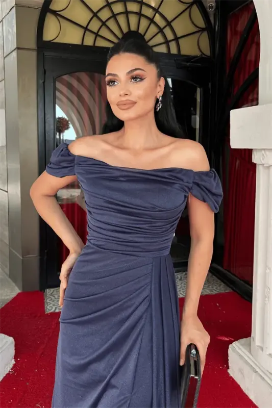 Glitter Fabric Ruched Detail Fishtail Evening Dress - NAVY BLUE - 3