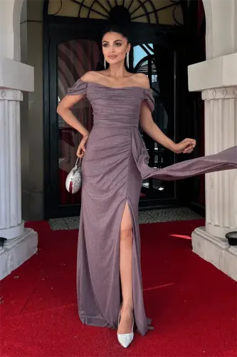 Glitter Fabric Ruched Detail Mermaid Evening Dress - LILAC - 1