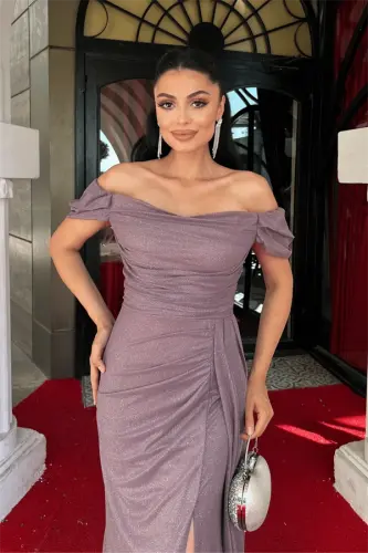 Glitter Fabric Ruched Detail Mermaid Evening Dress - LILAC - 3
