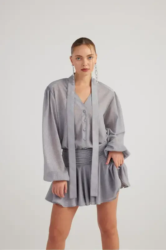 Glitter Fabric Ruffled Mini Vanesa Dress Gray - 1