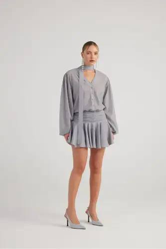 Glitter Fabric Ruffled Mini Vanesa Dress Gray - HOLLY LOLLY (1)