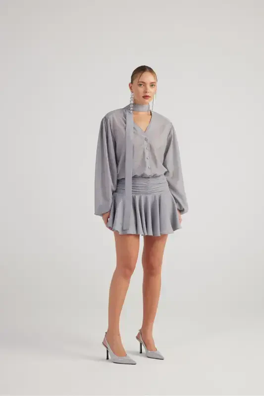 Glitter Fabric Ruffled Mini Vanesa Dress Gray - 2