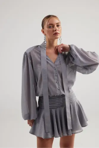 Glitter Fabric Ruffled Mini Vanesa Dress Gray - 7