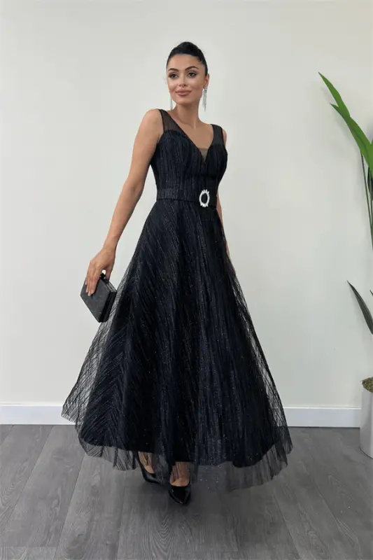 Glitter Fabric Strap Midi Dress - BLACK - 2
