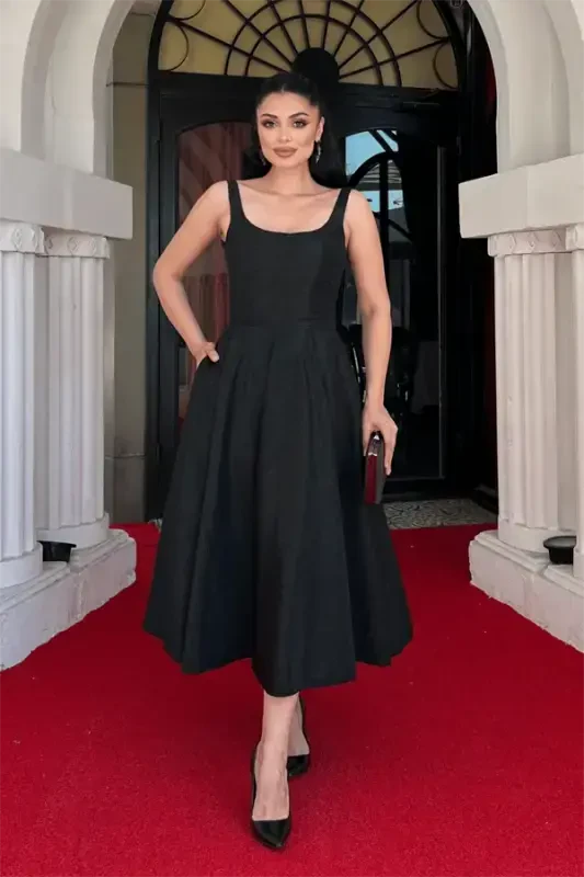 Glitter Fabric Strap Midi Dress - BLACK - BÜYÜKBEDENIZ