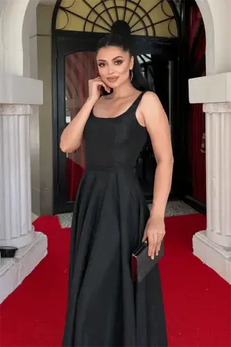 Glitter Fabric Strap Midi Dress - BLACK - 4