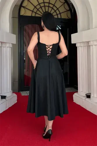 Glitter Fabric Strap Midi Dress - BLACK - 5