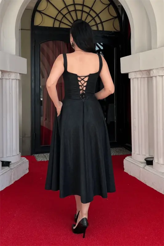 Glitter Fabric Strap Midi Dress - BLACK - 5