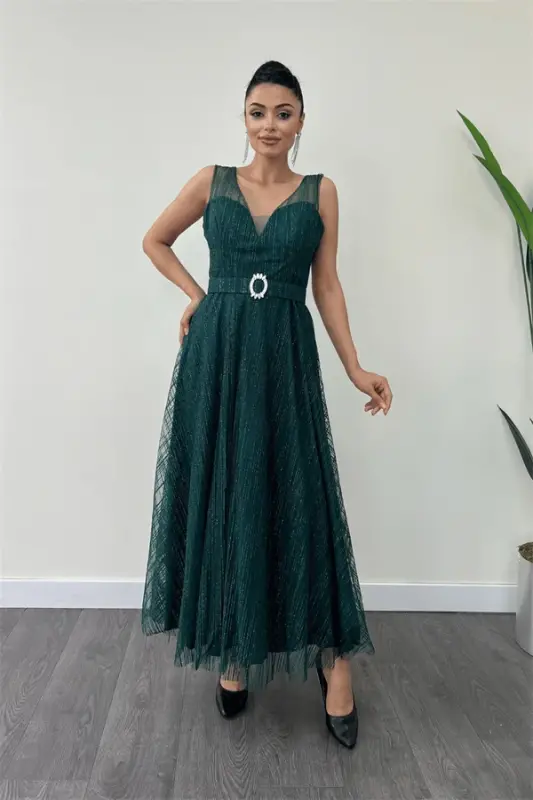 Glitter Fabric Strap Midi Dress - EMERALD GREEN - 1