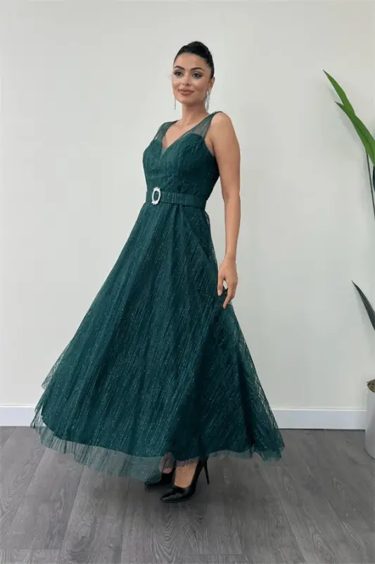 Glitter Fabric Strap Midi Dress - EMERALD GREEN - 2