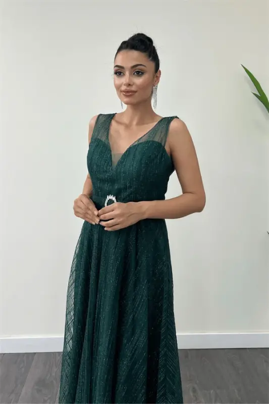 Glitter Fabric Strap Midi Dress - EMERALD GREEN - 3