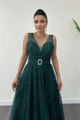 Glitter Fabric Strap Midi Dress - EMERALD GREEN - 4