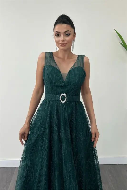 Glitter Fabric Strap Midi Dress - EMERALD GREEN - 4