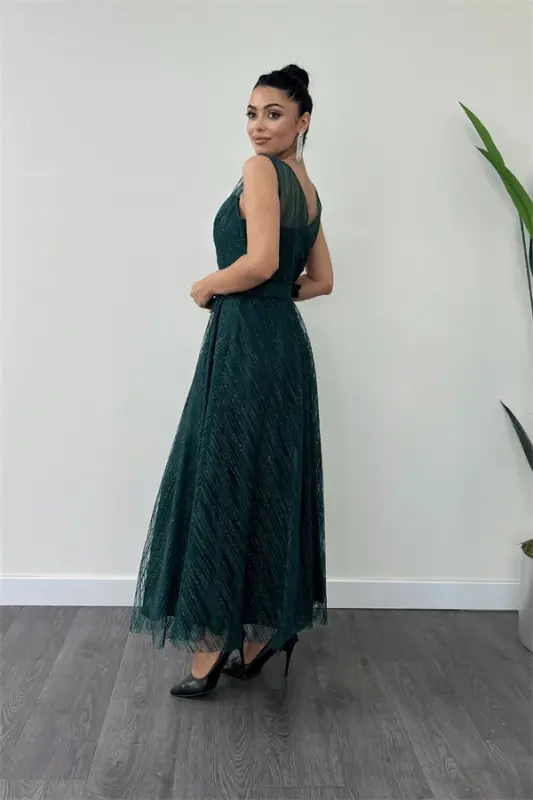 Glitter Fabric Strap Midi Dress - EMERALD GREEN - 5