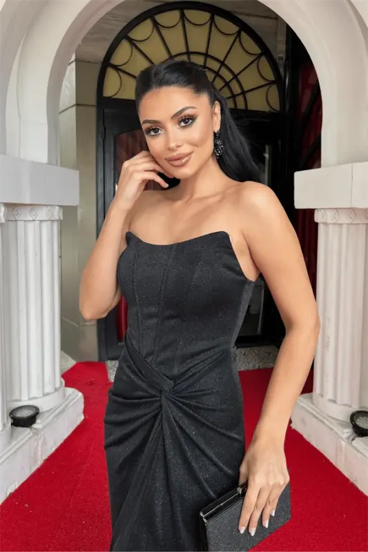 Glitter Fabric Strapless Boned Detail Evening Dress - BLACK - 4