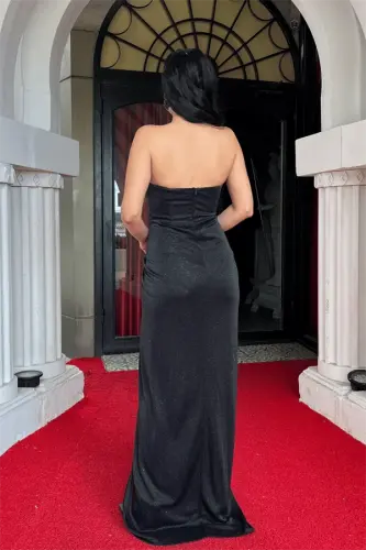 Glitter Fabric Strapless Boned Detail Evening Dress - BLACK - 5