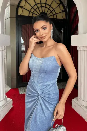 Glitter Fabric Strapless Boned Detailed Evening Dress - INDIGO BLUE - 3