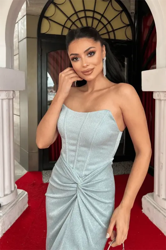 Glitter Fabric Strapless Boned Detailed Evening Dress - MINT GREEN - 4