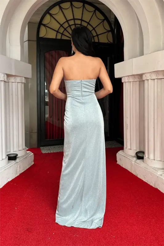 Glitter Fabric Strapless Boned Detailed Evening Dress - MINT GREEN - 5