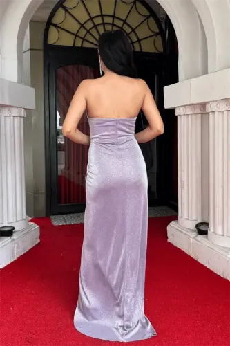 Glitter Fabric Strapless Boned Detailed Evening Dress - PINK - 5