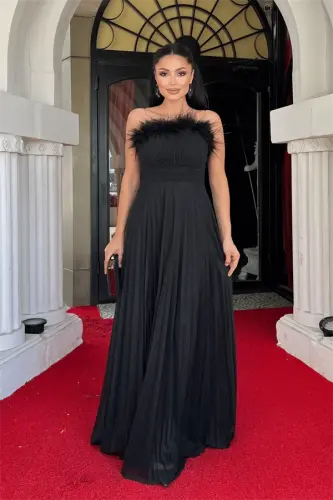 Glitter Tulle Fabric Feather Detailed Pleated Evening Dress - BLACK - 1