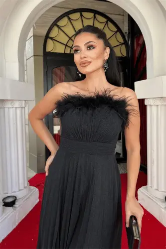 Glitter Tulle Fabric Feather Detailed Pleated Evening Dress - BLACK - 3