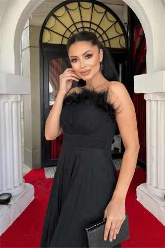 Glitter Tulle Fabric Feather Detailed Pleated Evening Dress - BLACK - 4