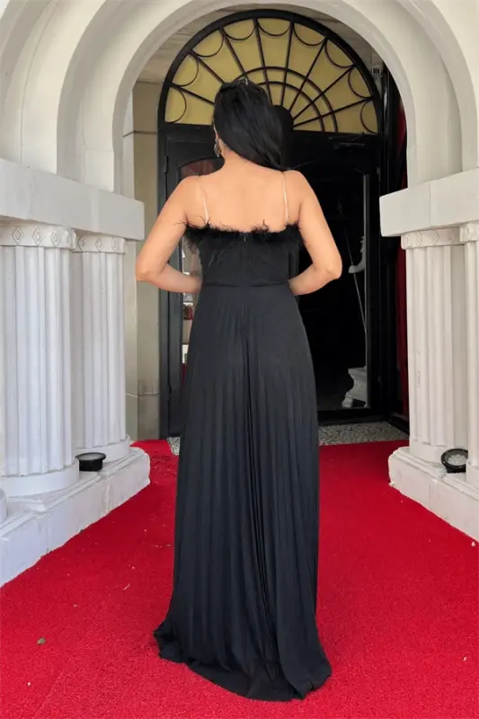 Glitter Tulle Fabric Feather Detailed Pleated Evening Dress - BLACK - 5