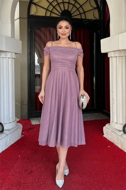 Glitter Tulle Fabric Midi Dress - DUSTY ROSE - BÜYÜKBEDENIZ