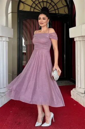 Glitter Tulle Fabric Midi Dress - DUSTY ROSE - BÜYÜKBEDENIZ (1)
