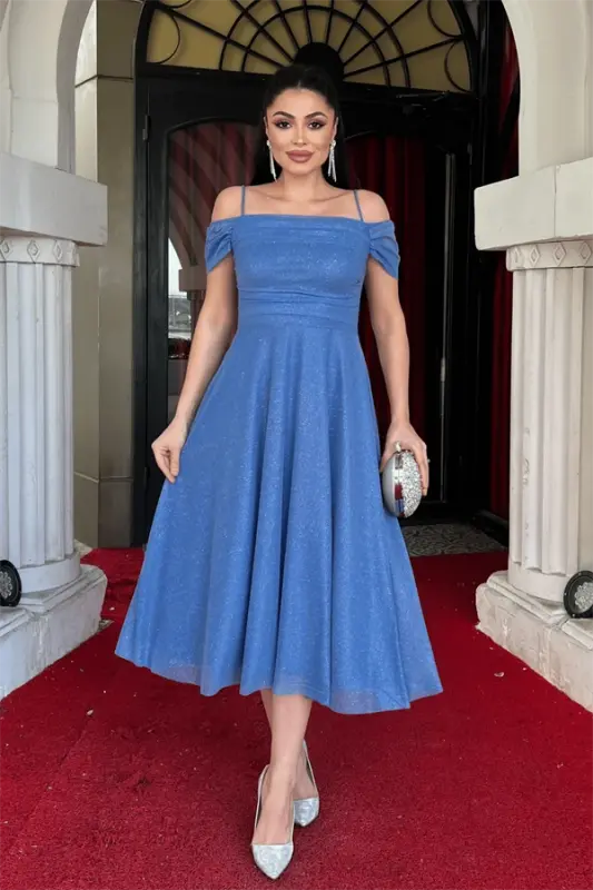 Glitter Tulle Fabric Midi Dress - INDIGO BLUE - 1