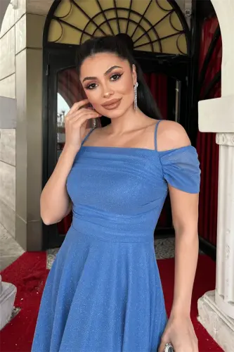 Glitter Tulle Fabric Midi Dress - INDIGO BLUE - 4