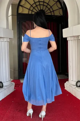 Glitter Tulle Fabric Midi Dress - INDIGO BLUE - 5