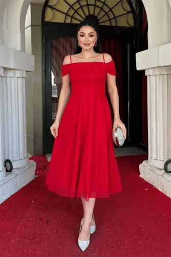 Glitter Tulle Fabric Midi Dress - RED - 1