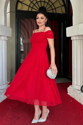 Glitter Tulle Fabric Midi Dress - RED - BÜYÜKBEDENIZ (1)